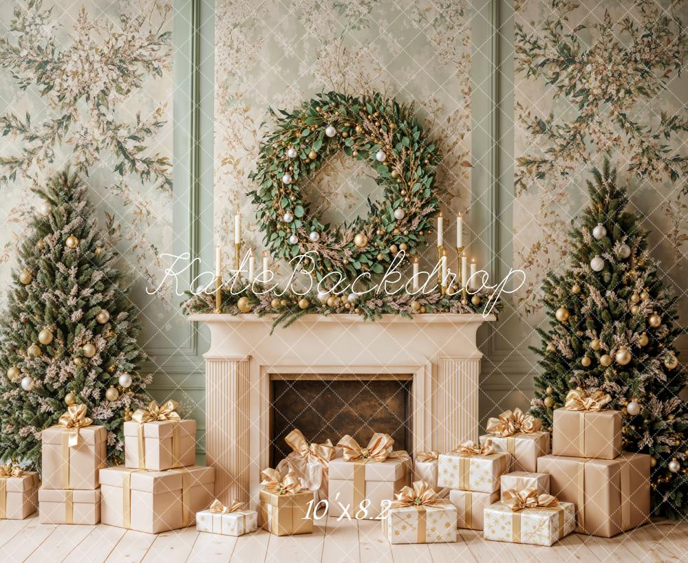 Kate Christmas Fireplace Tree Wreath Green Retro Wall Backdrop Designed by Emetselch - Image 5