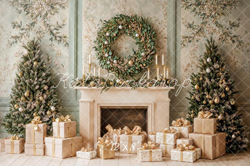 Kate Christmas Fireplace Tree Wreath Green Retro Wall Backdrop Designed by Emetselch - Image 7