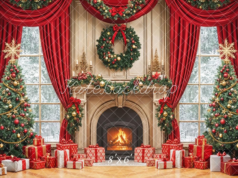 Kate Christmas Fireplace Tree Wreath Red Curtains Backdrop Designed by Emetselch - Image 4