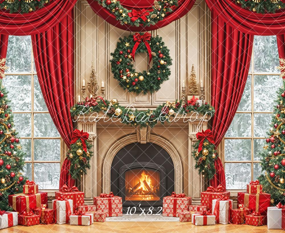 Kate Christmas Fireplace Tree Wreath Red Curtains Backdrop Designed by Emetselch - Image 5