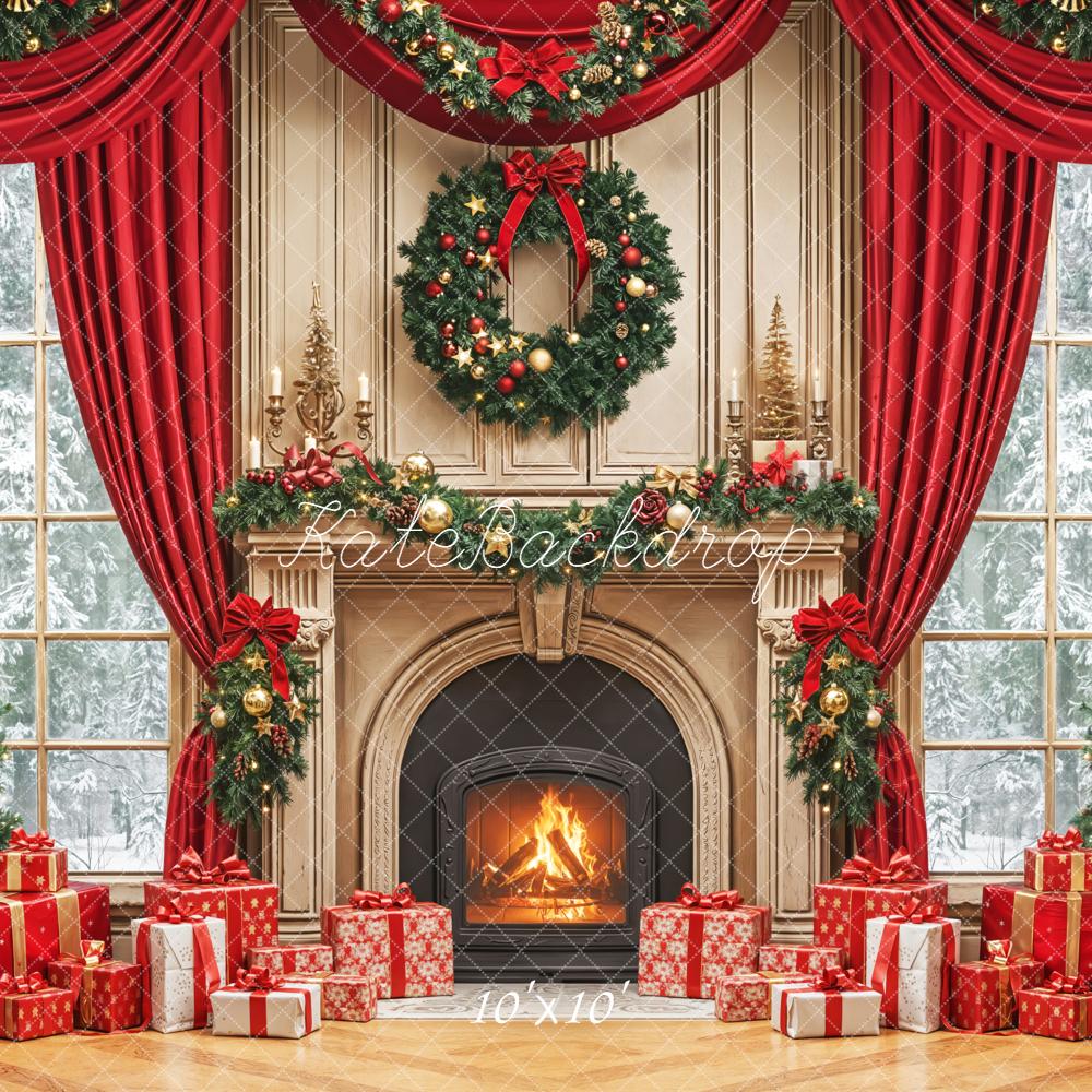 Kate Christmas Fireplace Tree Wreath Red Curtains Backdrop Designed by Emetselch - Image 6