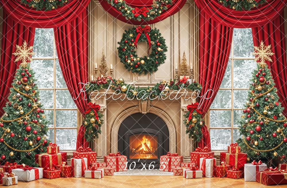 Kate Christmas Fireplace Tree Wreath Red Curtains Backdrop Designed by Emetselch - Image 7