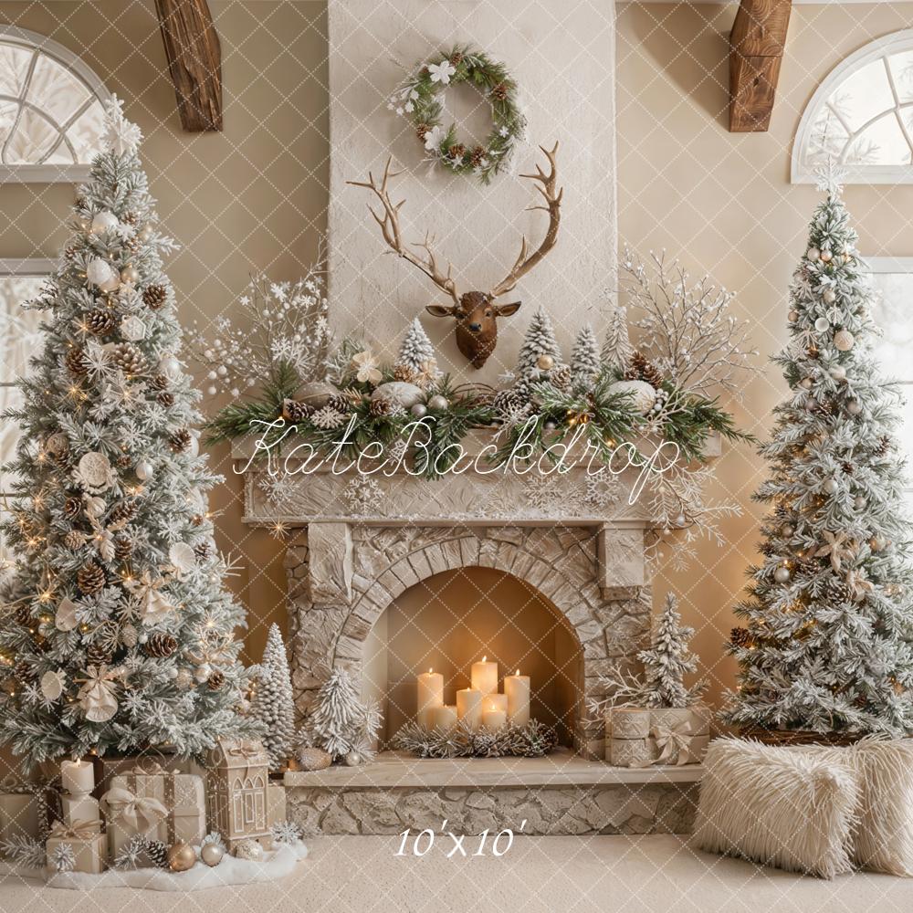 Kate Christmas Fireplace Trees Antlers Backdrop Designed by Emetselch - Image 7