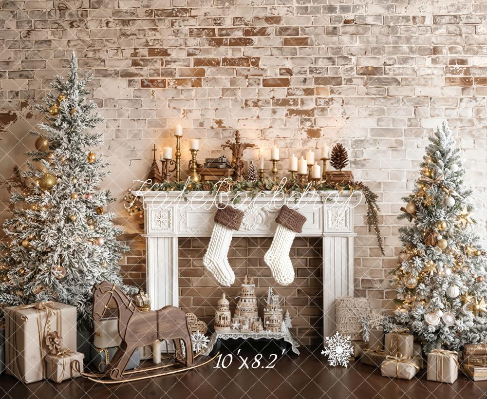 Kate Christmas Fireplace Trees Brick Wall Fleece Backdrop Designed by Emetselch - Image 3