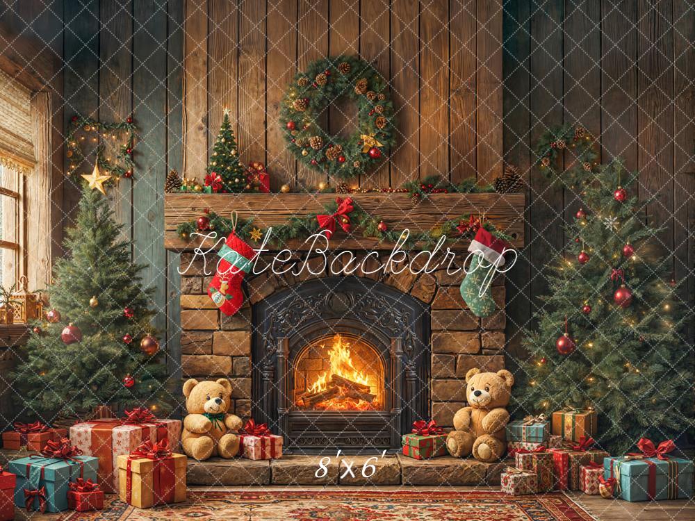 Kate Christmas Fireplace Trees Gifts Fleece Backdrop Designed by Emetselch
