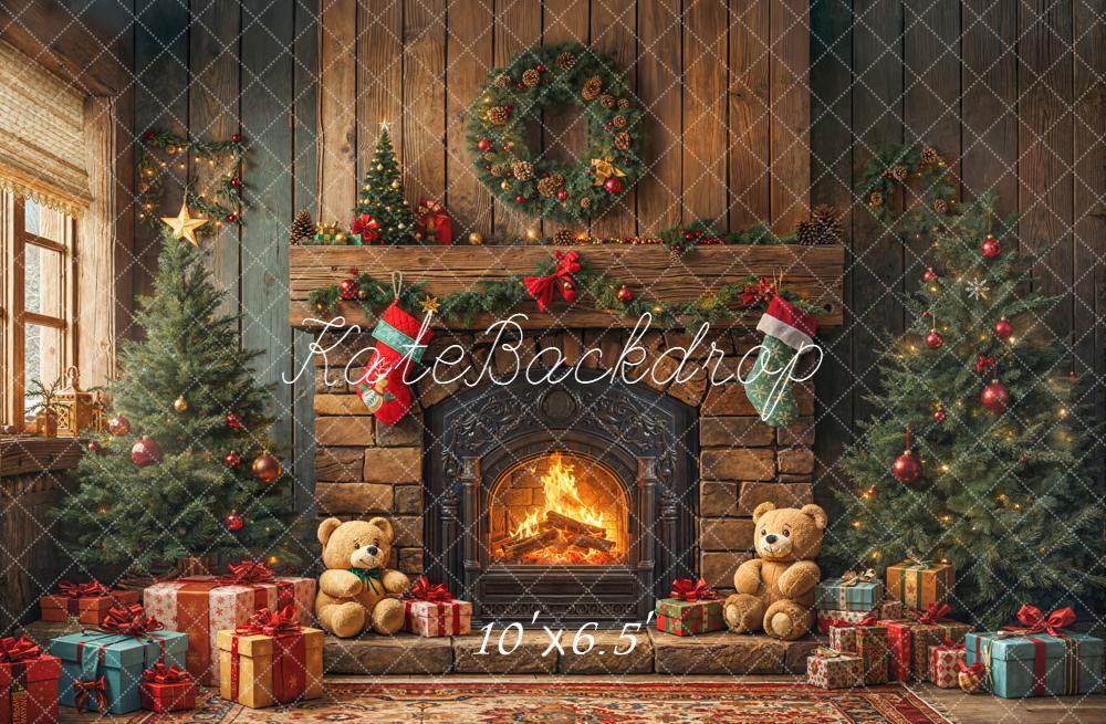 Kate Christmas Fireplace Trees Gifts Fleece Backdrop Designed by Emetselch - Image 2
