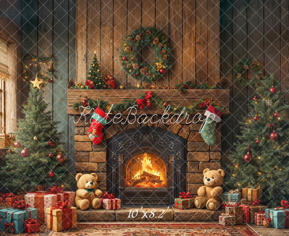 Kate Christmas Fireplace Trees Gifts Fleece Backdrop Designed by Emetselch - Image 3