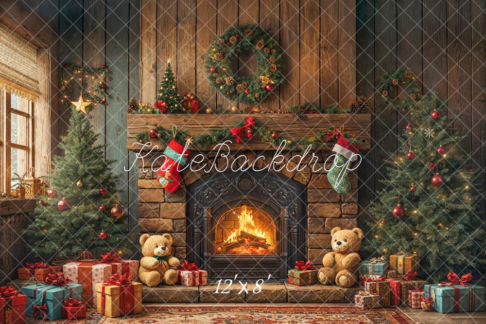 Kate Christmas Fireplace Trees Gifts Fleece Backdrop Designed by Emetselch - Image 4