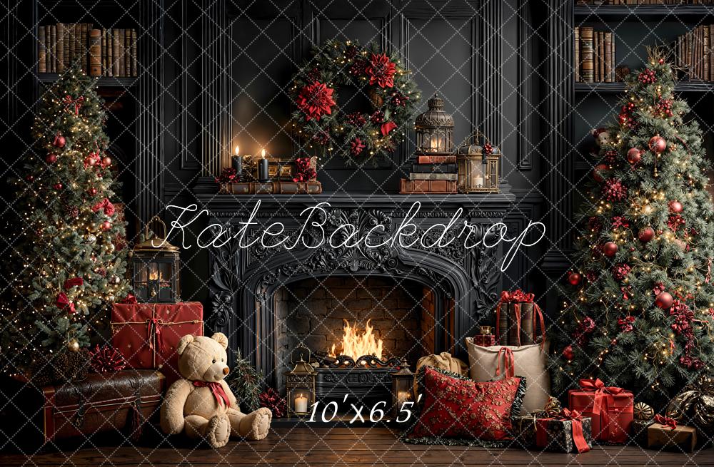 Kate Christmas Fireplace Trees Gifts Dark Fleece Backdrop Designed by Emetselch - Image 2