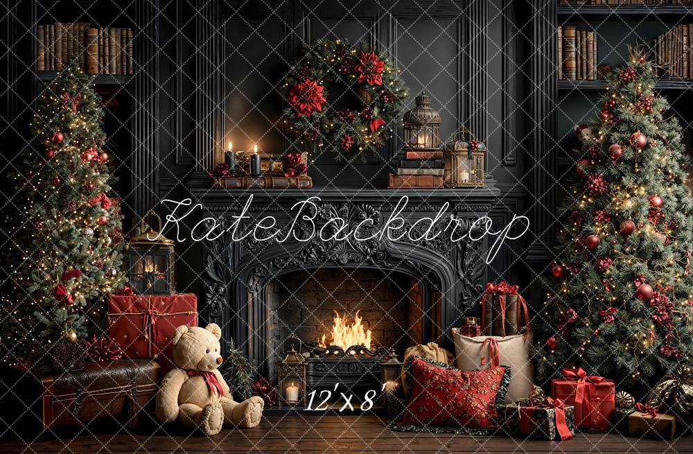 Kate Christmas Fireplace Trees Gifts Dark Fleece Backdrop Designed by Emetselch - Image 4