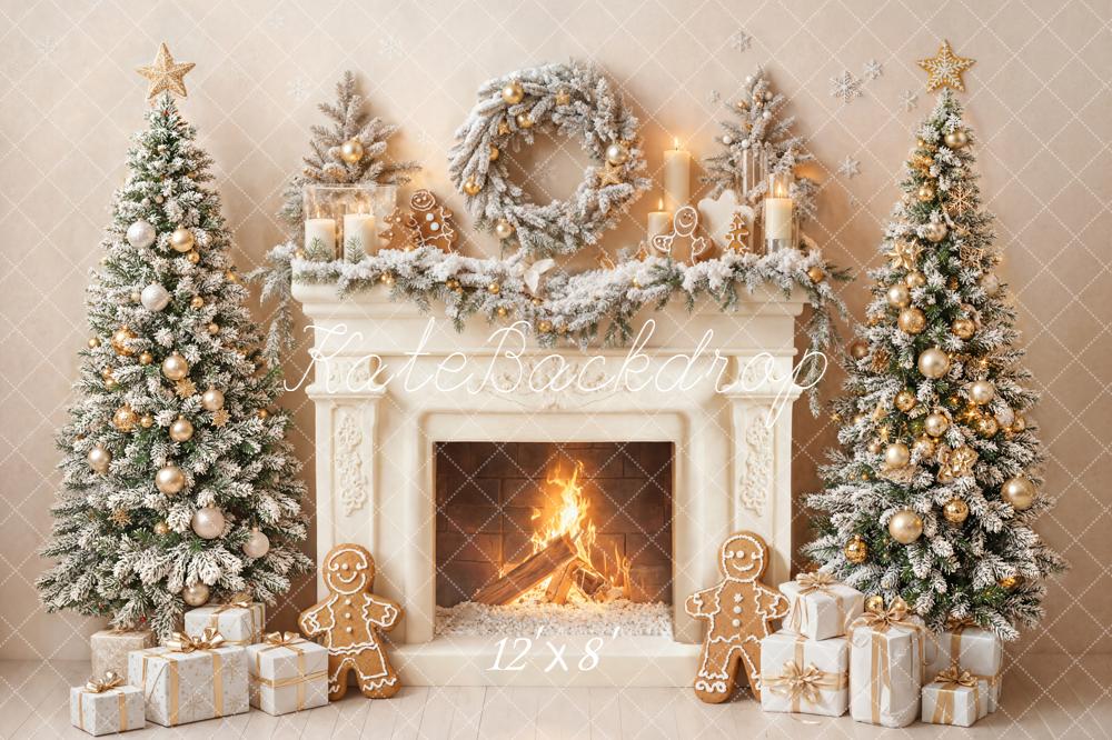 Kate Christmas Fireplace Trees Gingerbread Wreath Fleece Backdrop Designed by Emetselch - Image 4