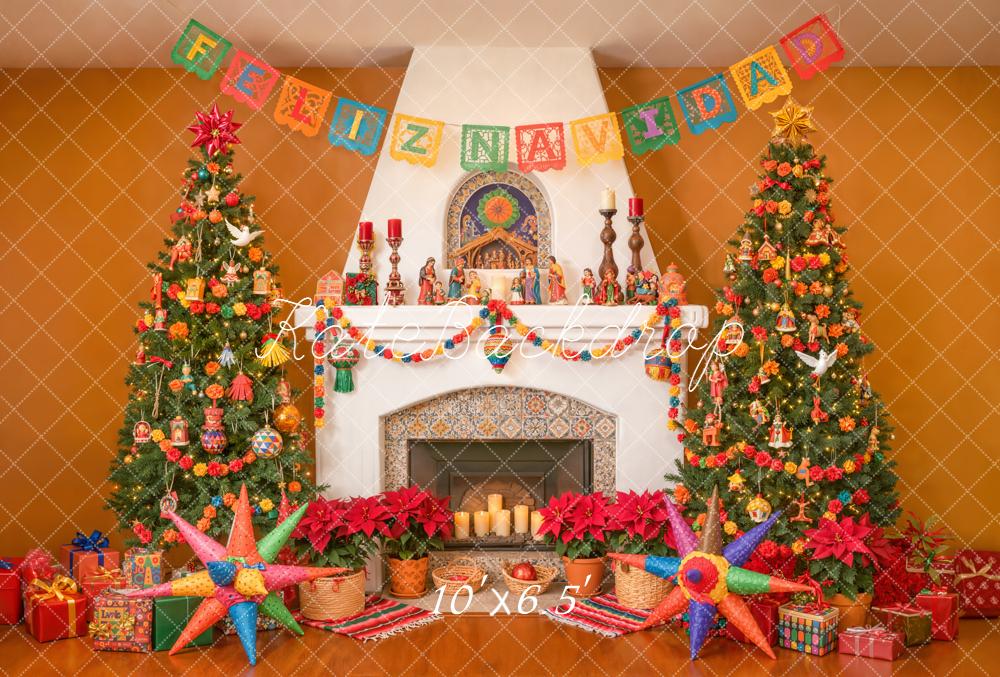 Kate Christmas Fireplace Trees Piñatas Fleece Backdrop Designed by Emetselch - Image 2