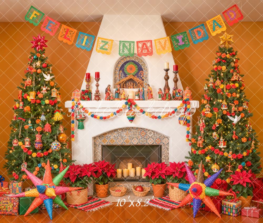 Kate Christmas Fireplace Trees Piñatas Fleece Backdrop Designed by Emetselch - Image 3