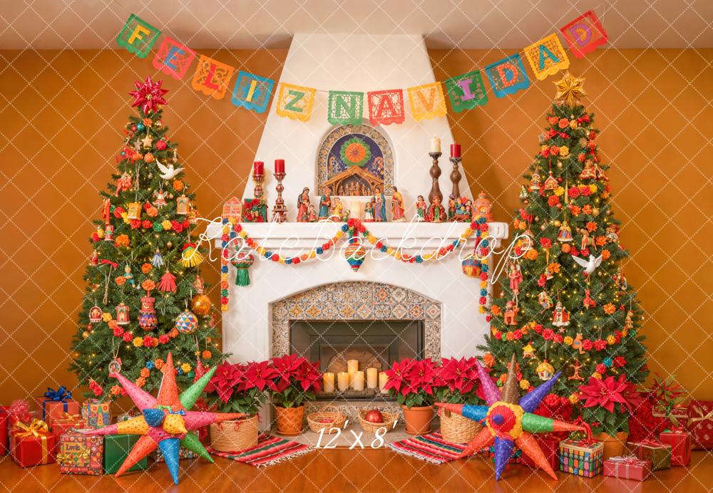 Kate Christmas Fireplace Trees Piñatas Fleece Backdrop Designed by Emetselch - Image 4