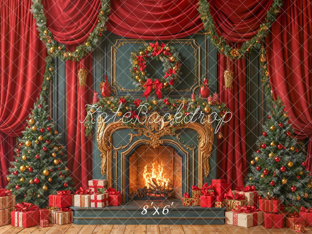 Kate Red Christmas Fireplace Trees Presents Backdrop Designed by Emetselch - Image 3