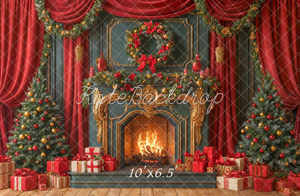 Kate Red Christmas Fireplace Trees Presents Backdrop Designed by Emetselch - Image 4