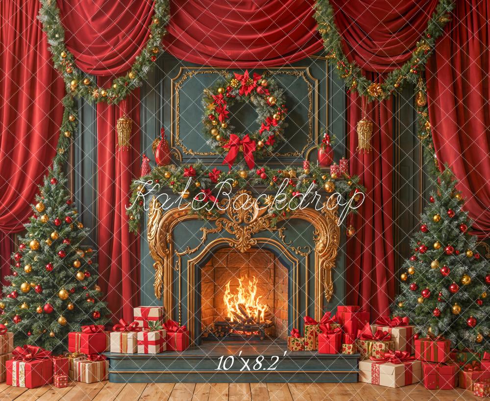 Kate Red Christmas Fireplace Trees Presents Backdrop Designed by Emetselch - Image 6