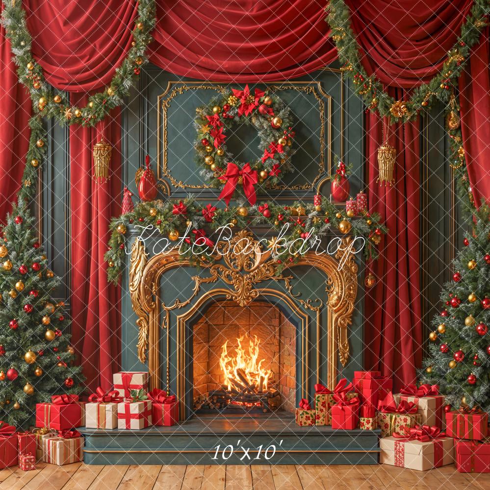 Kate Red Christmas Fireplace Trees Presents Backdrop Designed by Emetselch - Image 7