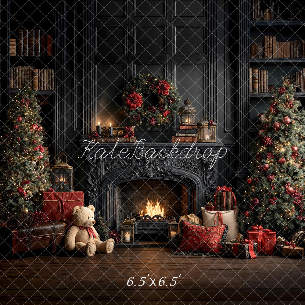 Kate Dark Christmas Fireplace Trees Presents Backdrop Designed by Emetselch - Image 2