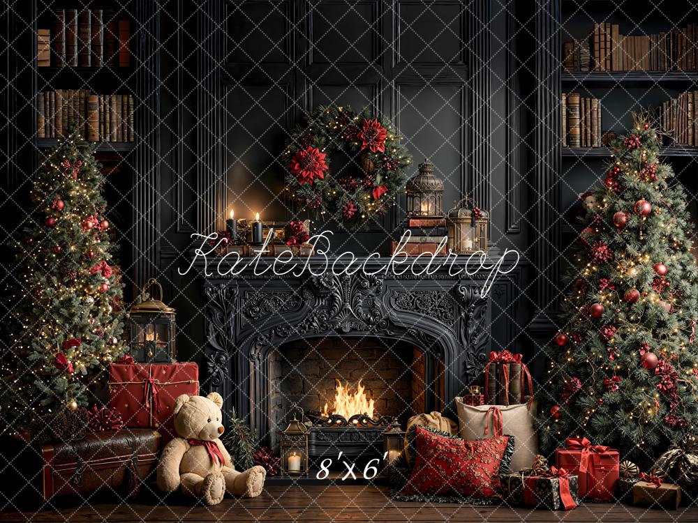 Kate Dark Christmas Fireplace Trees Presents Backdrop Designed by Emetselch - Image 3