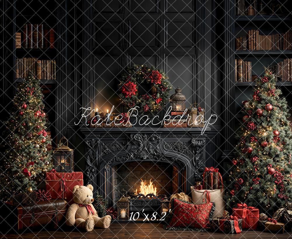 Kate Dark Christmas Fireplace Trees Presents Backdrop Designed by Emetselch - Image 6