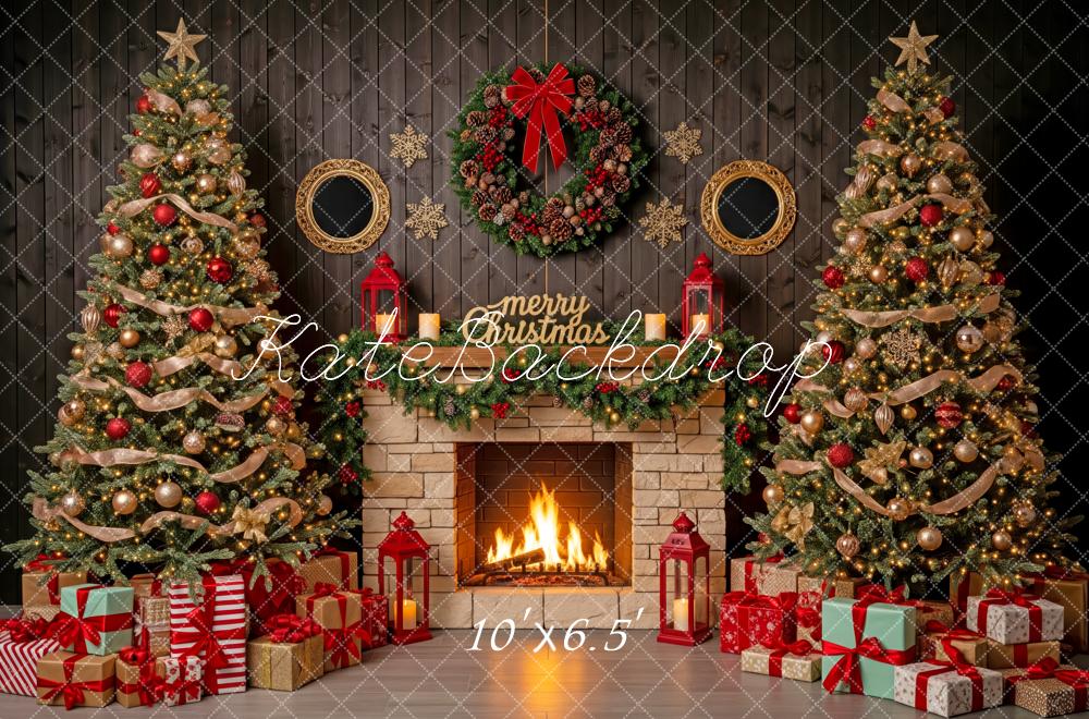 Kate Christmas Fireplace Trees Presents Backdrop Designed by Patty Robert - Image 4