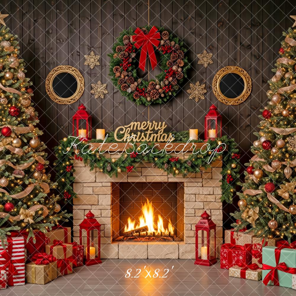 Kate Christmas Fireplace Trees Presents Backdrop Designed by Patty Robert - Image 5