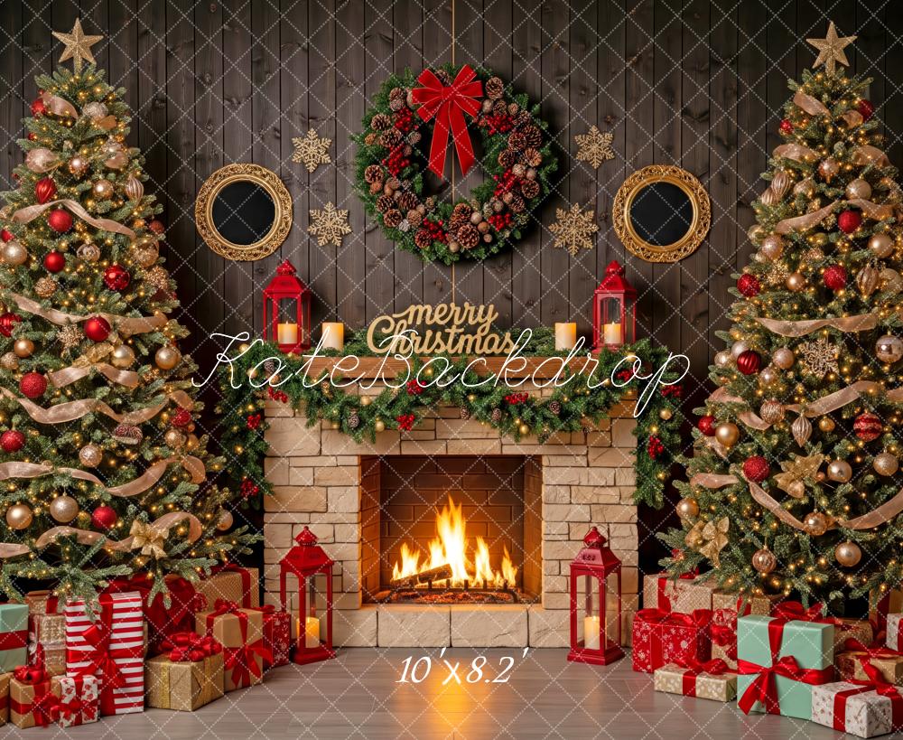 Kate Christmas Fireplace Trees Presents Backdrop Designed by Patty Robert - Image 6