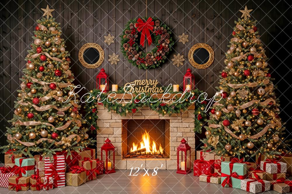 Kate Christmas Fireplace Trees Presents Backdrop Designed by Patty Robert - Image 8