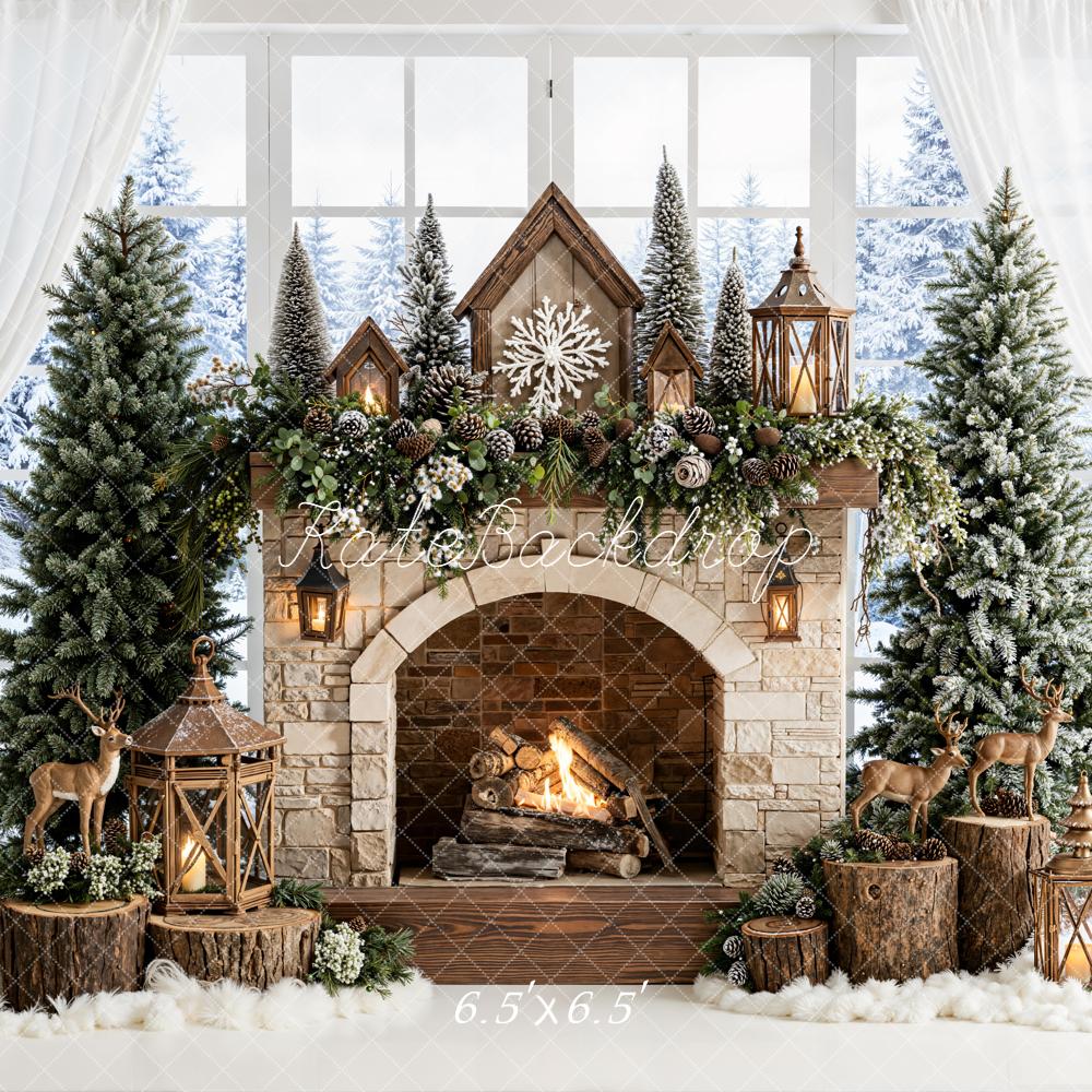 Kate Christmas Fireplace Trees Reindeer Backdrop Designed by Emetselch - Image 2