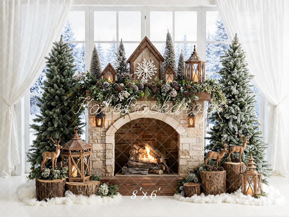 Kate Christmas Fireplace Trees Reindeer Backdrop Designed by Emetselch - Image 3