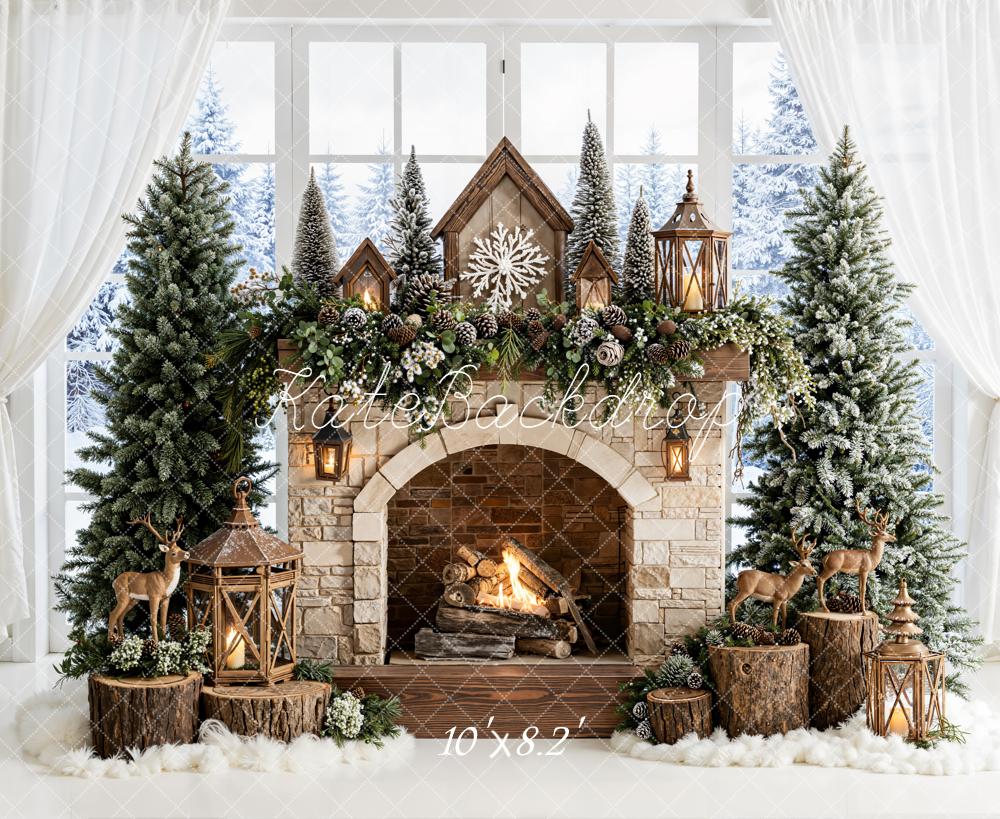 Kate Christmas Fireplace Trees Reindeer Backdrop Designed by Emetselch - Image 6