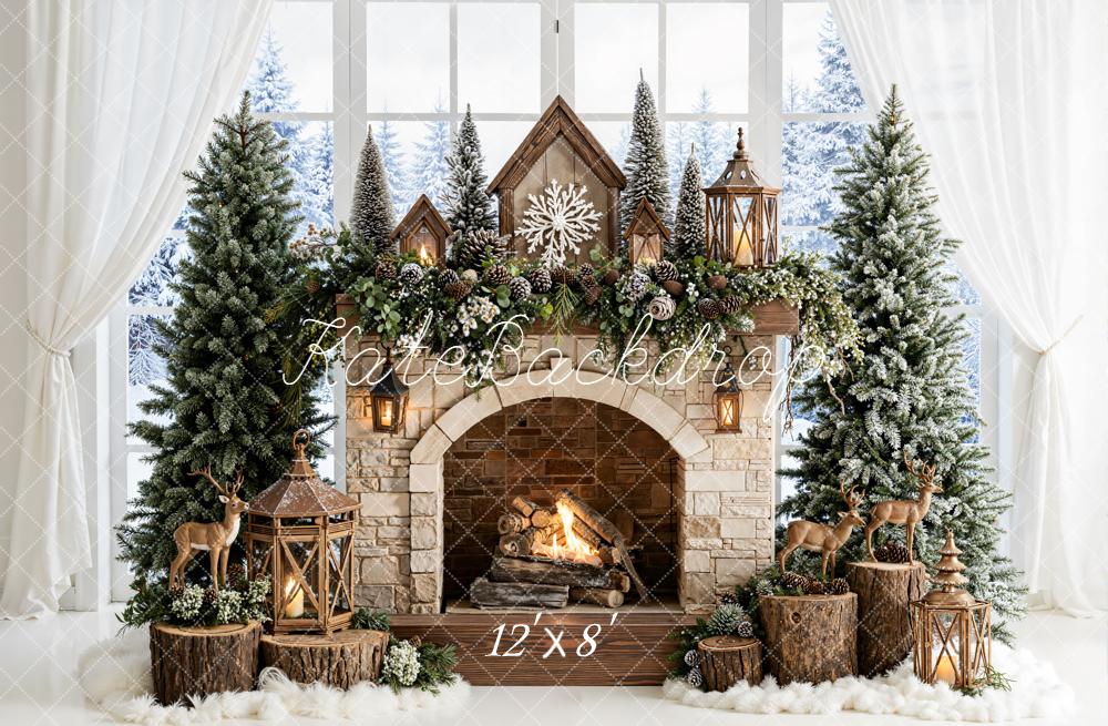 Kate Christmas Fireplace Trees Reindeer Backdrop Designed by Emetselch - Image 8