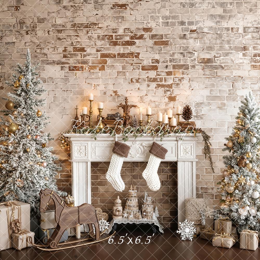 Kate Christmas Fireplace Trees Vintage Wall Backdrop Designed by Emetselch - Image 2