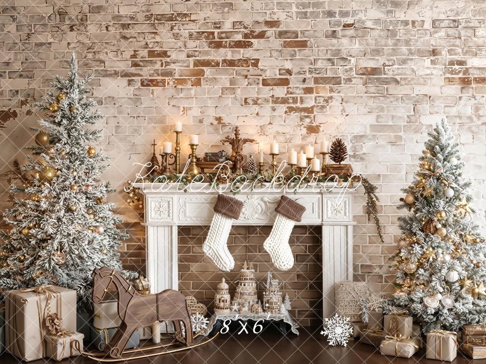 Kate Christmas Fireplace Trees Vintage Wall Backdrop Designed by Emetselch - Image 3