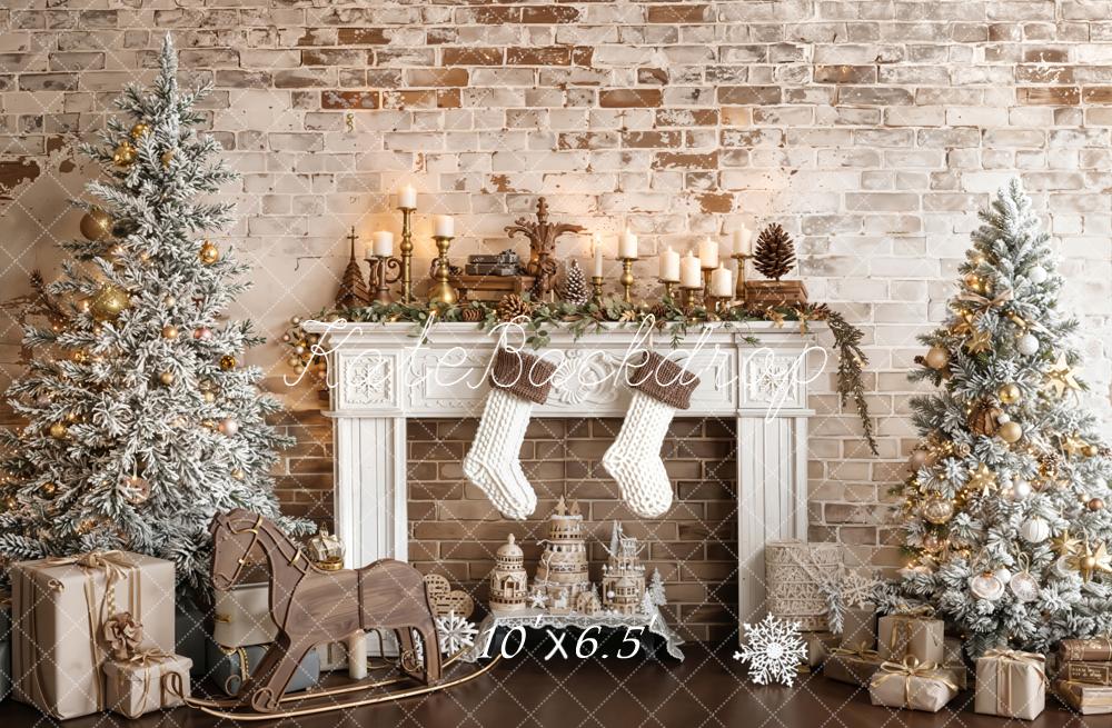 Kate Christmas Fireplace Trees Vintage Wall Backdrop Designed by Emetselch - Image 4
