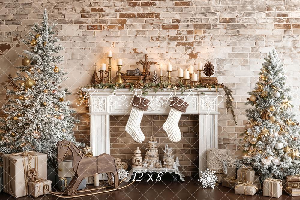 Kate Christmas Fireplace Trees Vintage Wall Backdrop Designed by Emetselch - Image 8