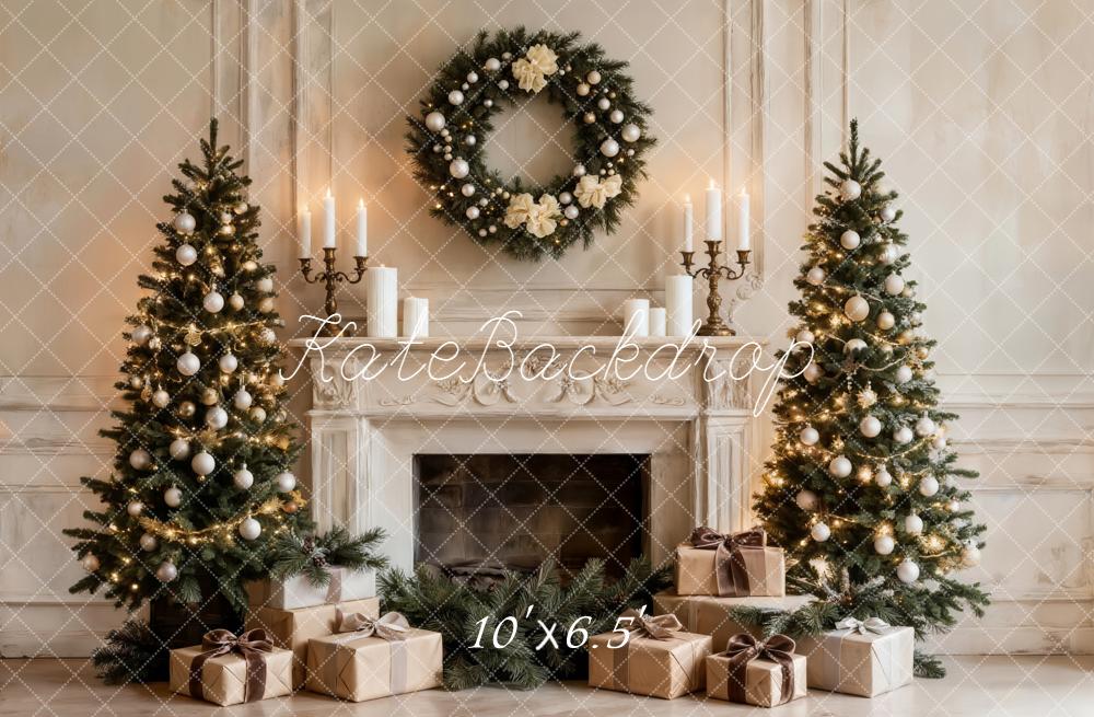 Kate Christmas Fireplace Trees Wreath Fleece Backdrop Designed by Emetselch - Image 2