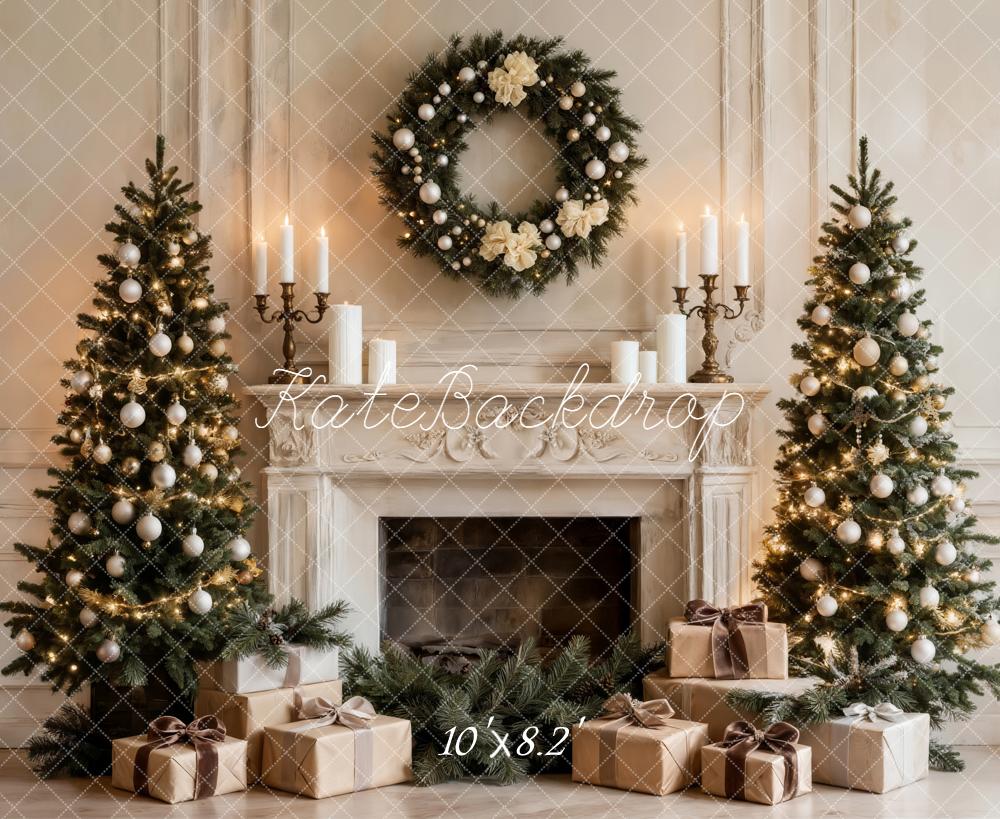 Kate Christmas Fireplace Trees Wreath Fleece Backdrop Designed by Emetselch - Image 3