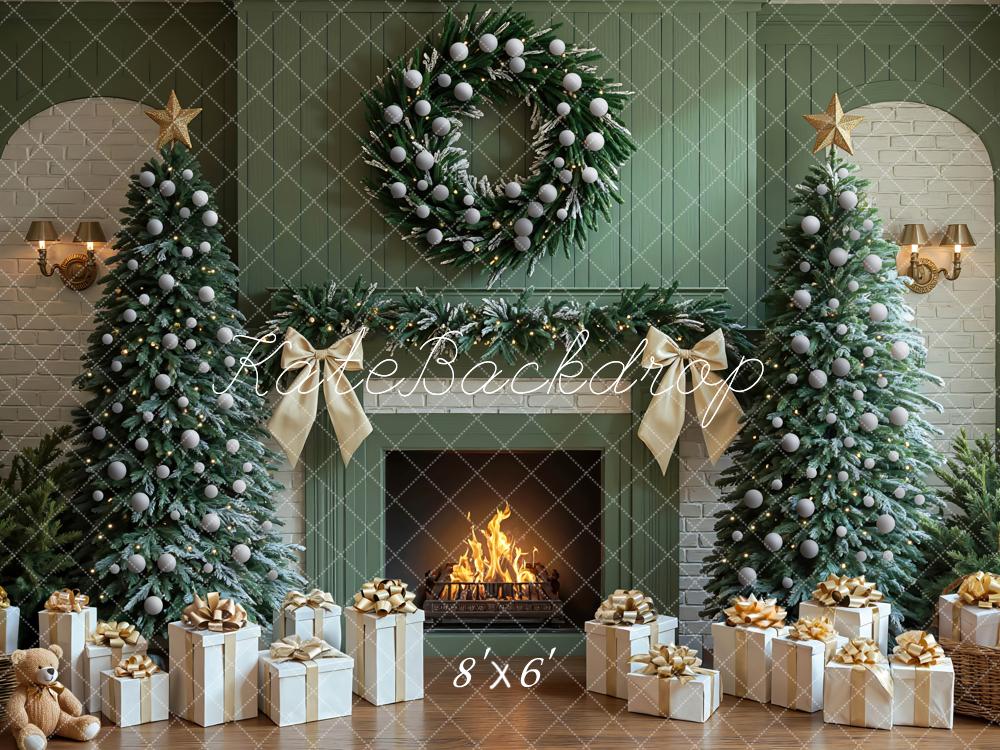 Kate Green Christmas Fireplace Trees Wreath Presents Backdrop Designed by Mini MakeBelieve - Image 3