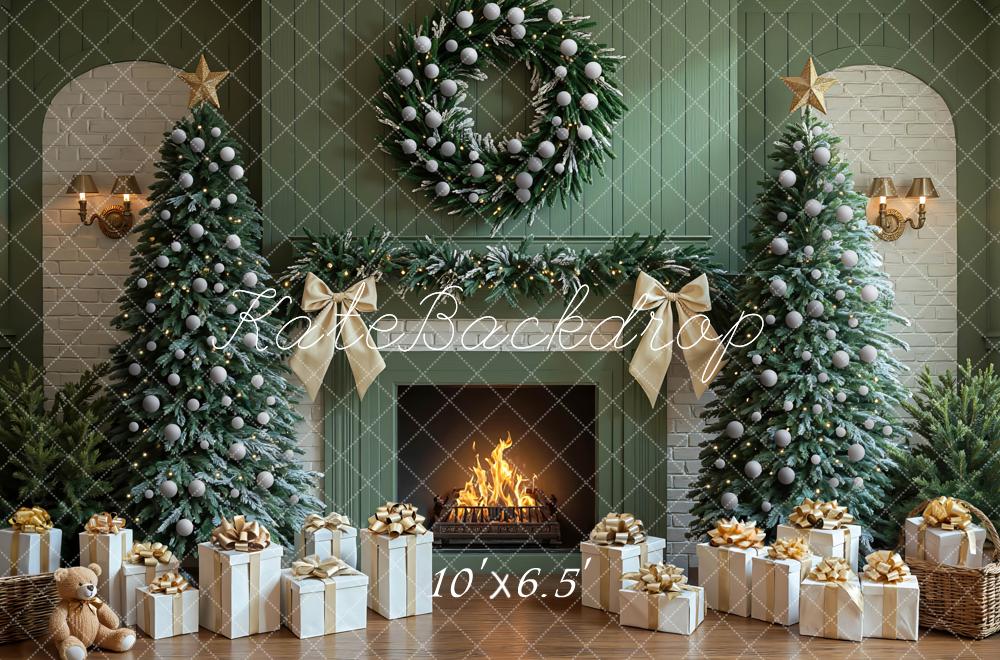 Kate Green Christmas Fireplace Trees Wreath Presents Backdrop Designed by Mini MakeBelieve - Image 4