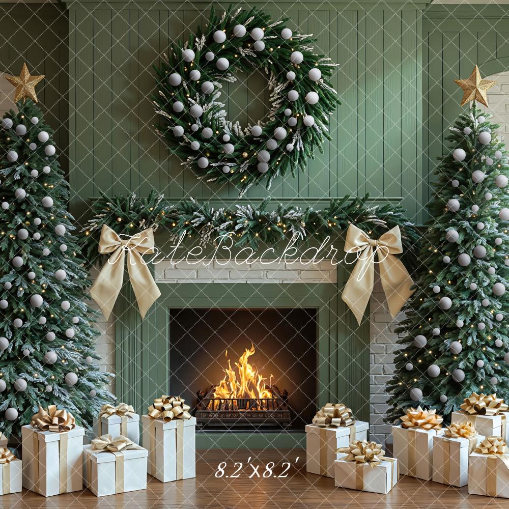 Kate Green Christmas Fireplace Trees Wreath Presents Backdrop Designed by Mini MakeBelieve - Image 5