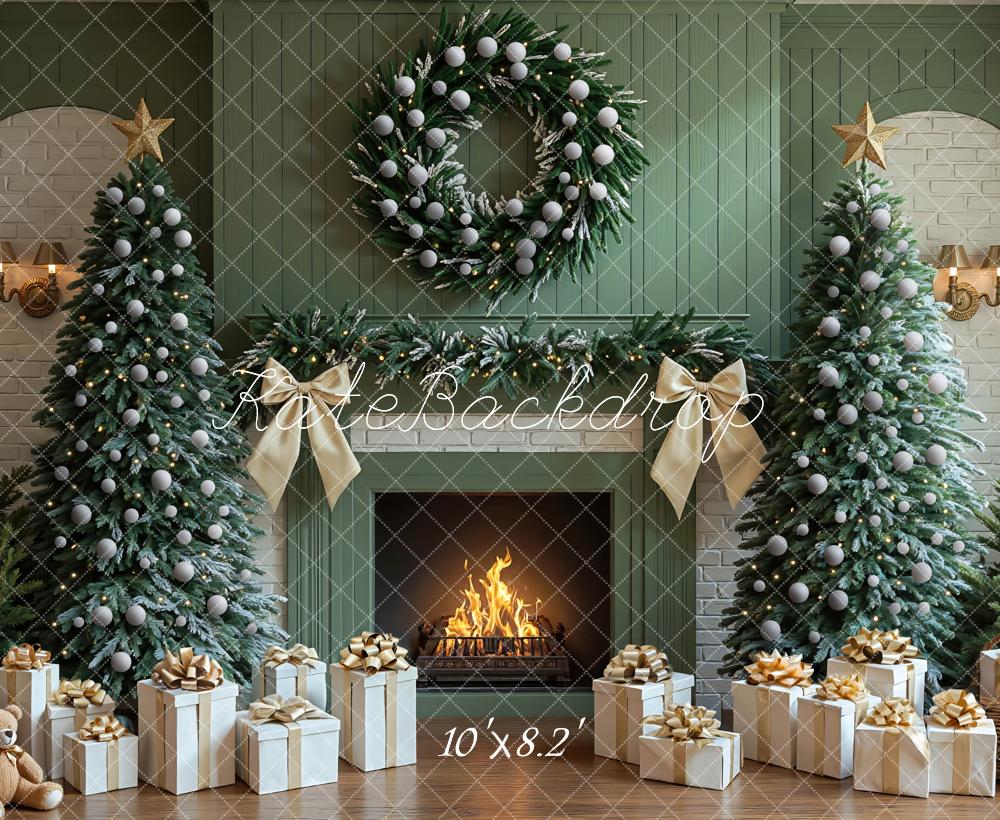 Kate Green Christmas Fireplace Trees Wreath Presents Backdrop Designed by Mini MakeBelieve - Image 6