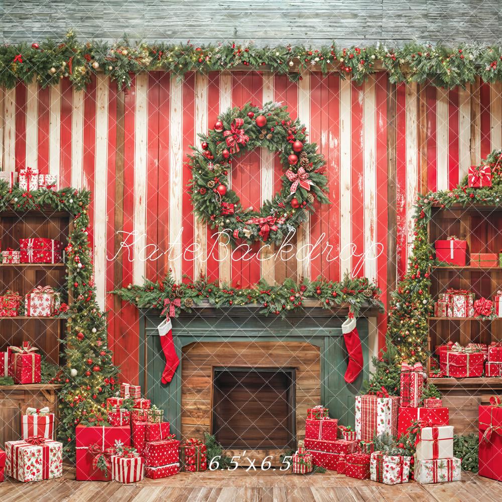 Kate Christmas Fireplace Wall Gifts Red Backdrop Designed by Emetselch - Image 2