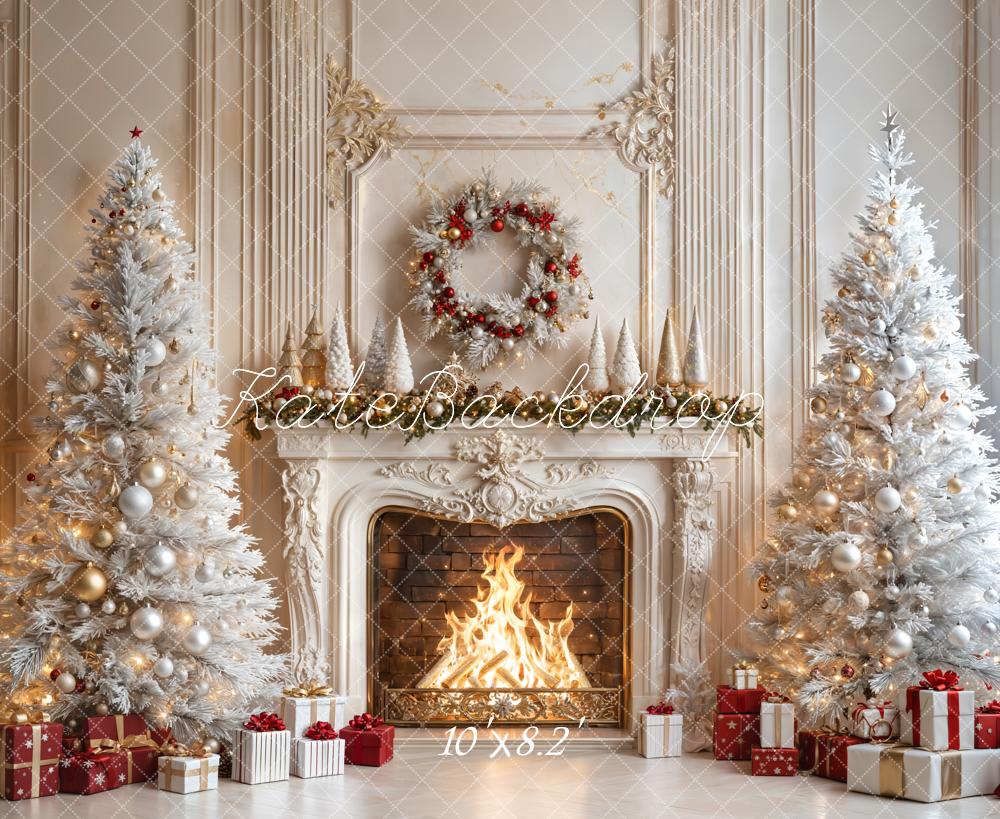 Kate Christmas Fireplace White Trees Gifts Backdrop Designed by Emetselch - Image 10