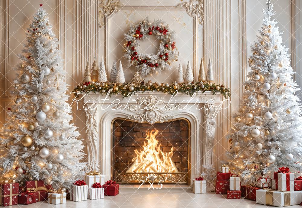 Kate Christmas Fireplace White Trees Gifts Backdrop Designed by Emetselch - Image 2
