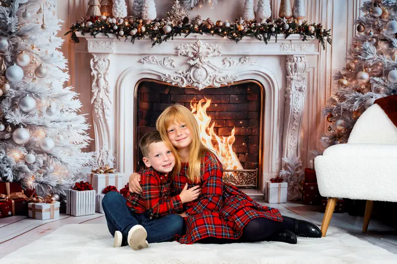 Kate Christmas Fireplace White Trees Gifts Backdrop Designed by Emetselch - Image 5