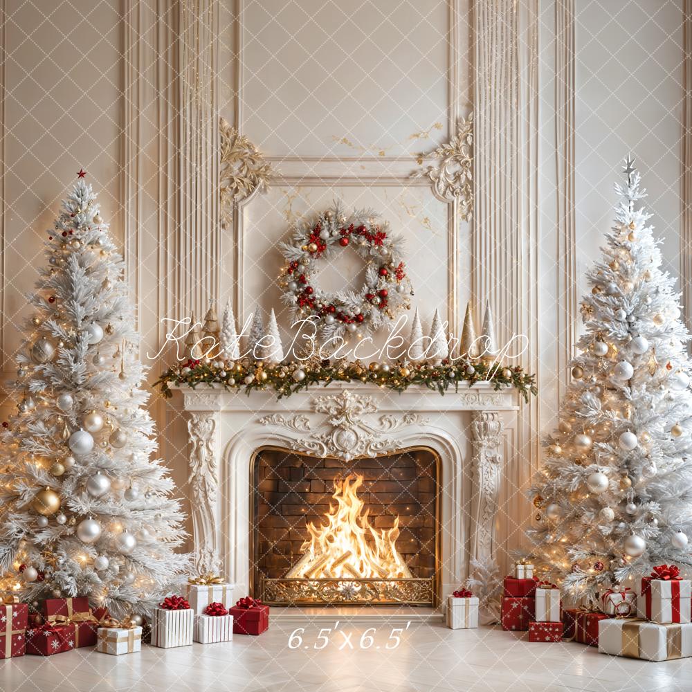 Kate Christmas Fireplace White Trees Gifts Backdrop Designed by Emetselch - Image 7