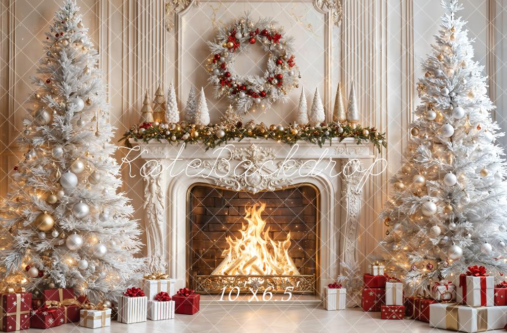 Kate Christmas Fireplace White Trees Gifts Backdrop Designed by Emetselch - Image 9