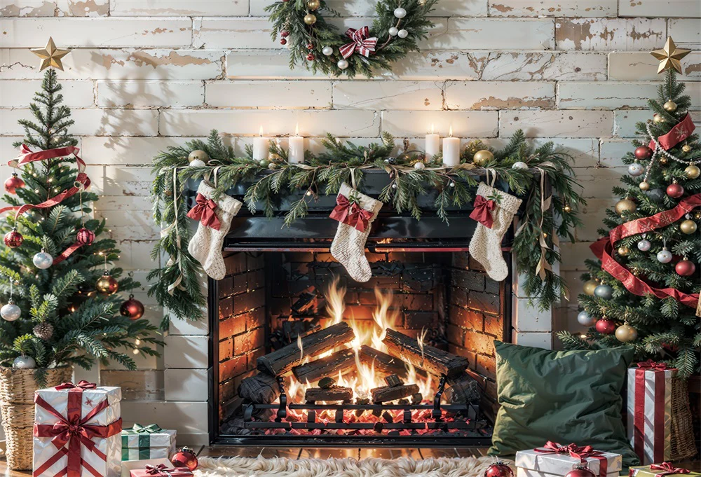 Kate Christmas Fireplace White Wall Backdrop for Photography - Image 2